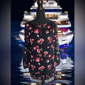 White House Black Market Black Rose Floral Lace Trim Tunic  for Women